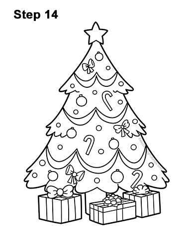 how to draw a christmas tree with presents step by step