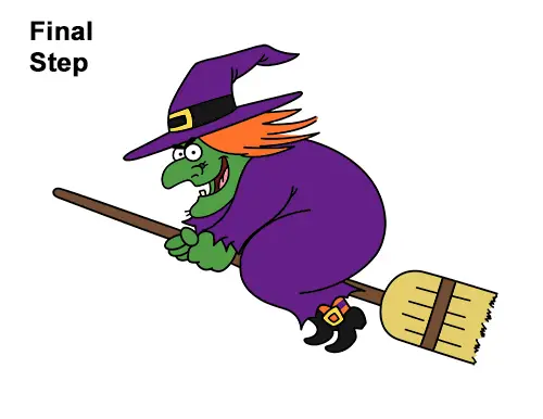 How to Draw Cartoon Witch Flying Broom Halloween